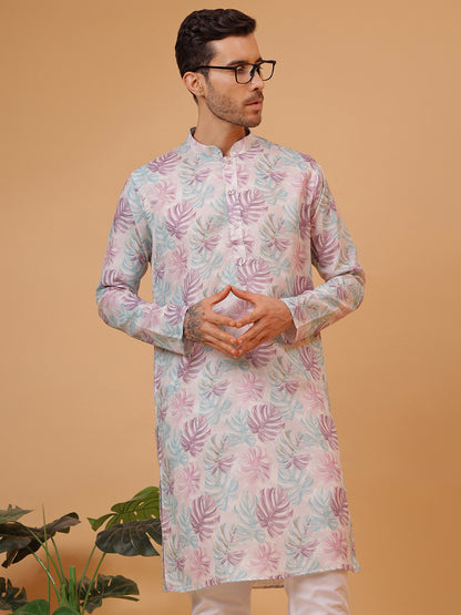 Natural Lavender Floral Print Mandarin Collar Regular Fit Kurta