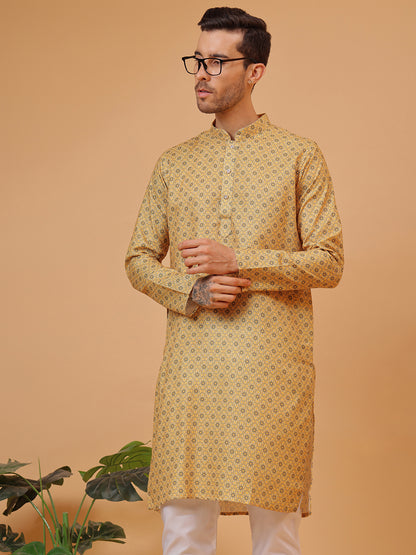Rich Mustard Cotton Digital Print Mandarin Collar Regular Fit Kurta