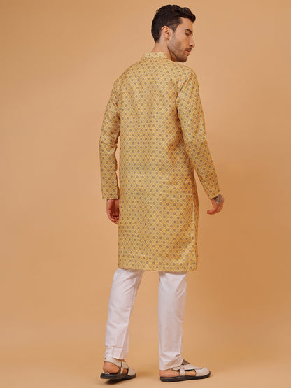 Rich Mustard Cotton Digital Print Mandarin Collar Regular Fit Kurta