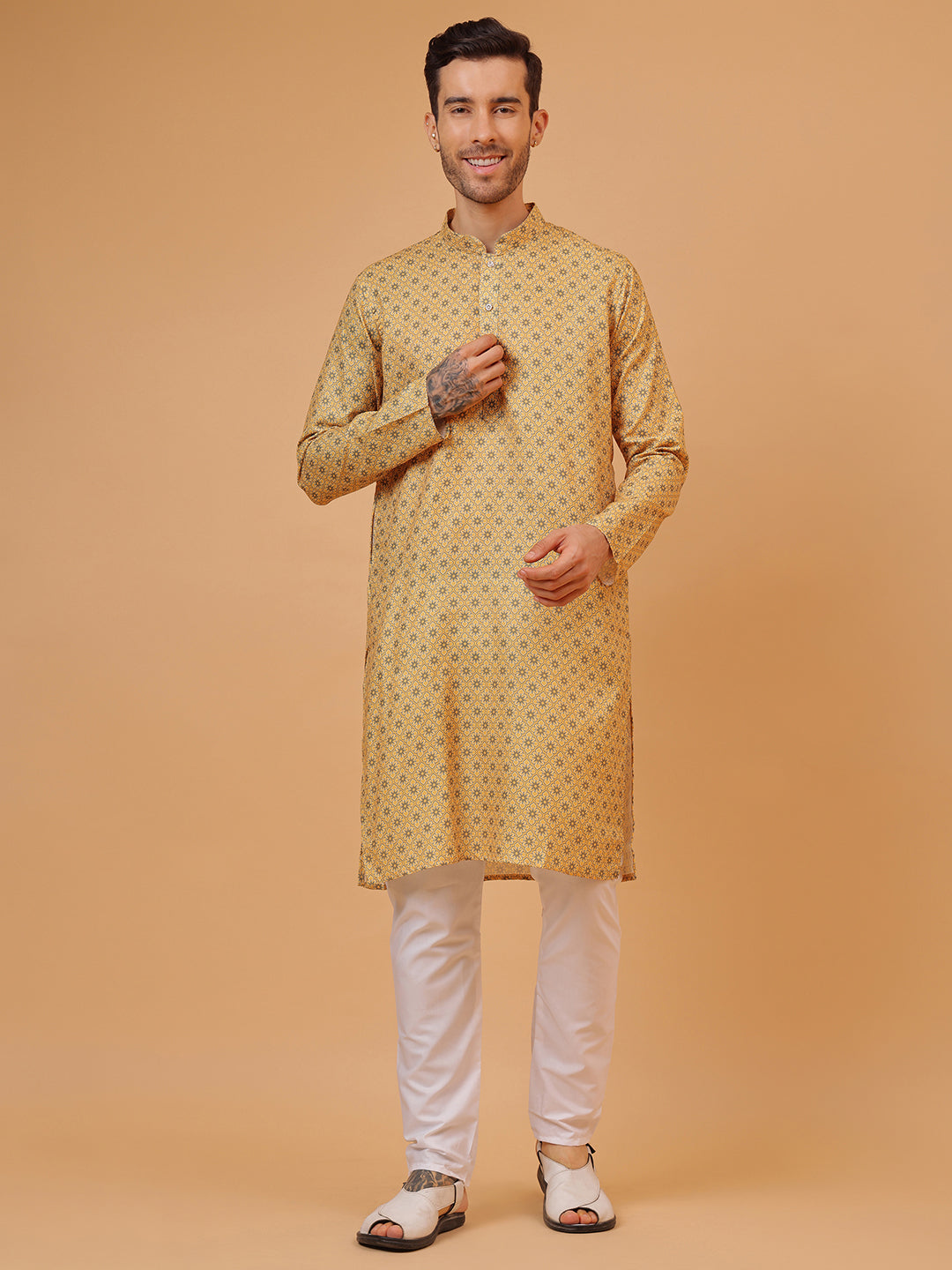 Rich Mustard Cotton Digital Print Mandarin Collar Regular Fit Kurta