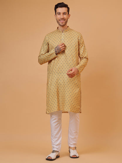 Rich Mustard Cotton Digital Print Mandarin Collar Regular Fit Kurta