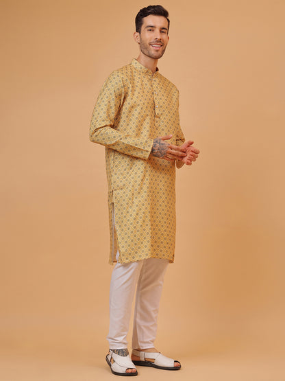 Rich Mustard Cotton Digital Print Mandarin Collar Regular Fit Kurta
