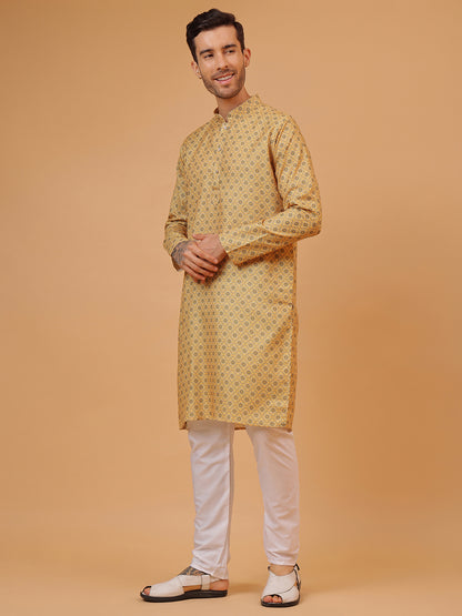 Rich Mustard Cotton Digital Print Mandarin Collar Regular Fit Kurta
