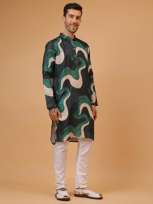 Aqua Green Magic Wavy Print Mandarin Collar Regular Fit Kurta