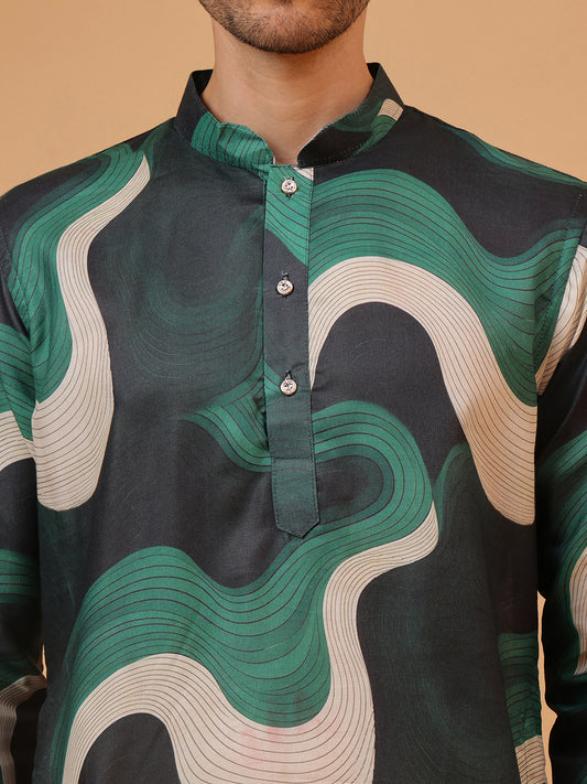 Aqua Green Magic Wavy Print Mandarin Collar Regular Fit Kurta
