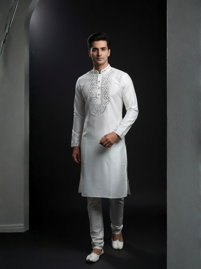 Pristine White Silk Kurta with Intricate Real Mirror Work