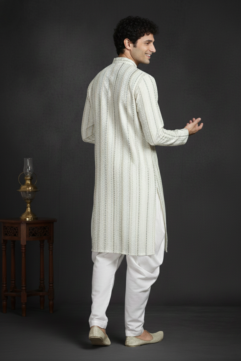 Beige Soft Green Stripes Cotton Block Print Mandarin Collar Regular Fit Kurta