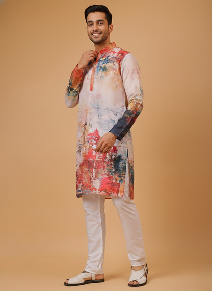 Artistic Red Mandarin Collar Regular Fit Kurta