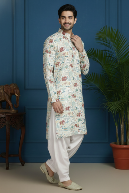 Deep Jungle Digital Print Mandarin Collar Regular Fit Kurta