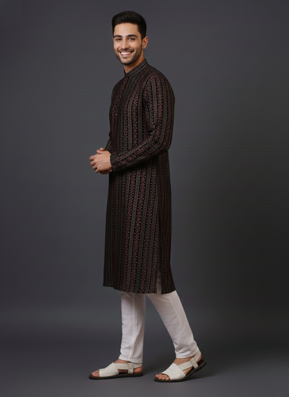Embroidery Black Cotton Block Print Mandarin collar Regular fit Kurta