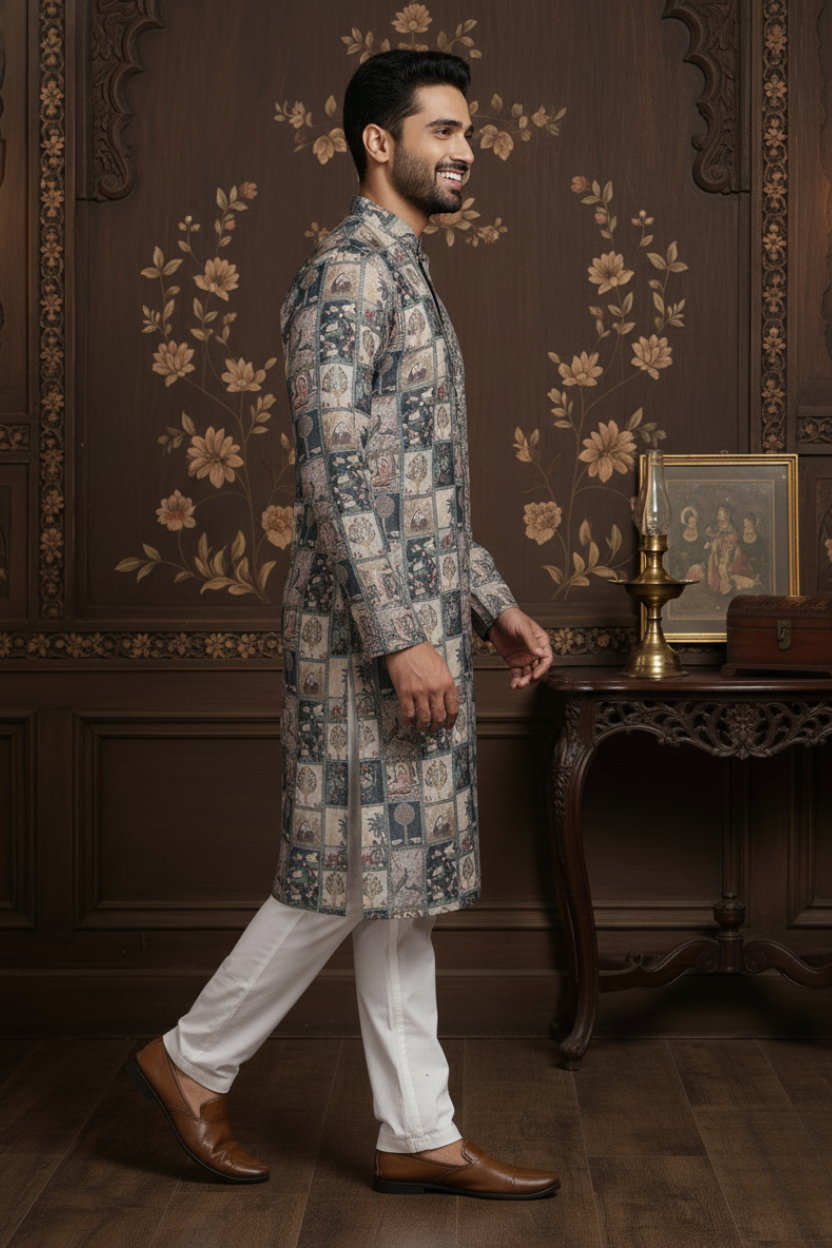 Heritage Offwhite seagreen Box Print Mandarin Collar Regular Fit Kurta