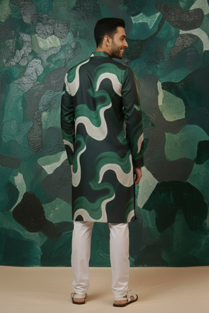 Aqua Green Magic Wavy Print Mandarin Collar Regular Fit Kurta