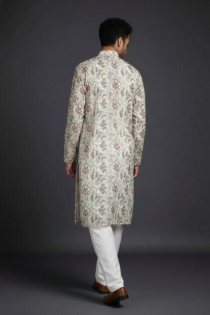 Beige Offwhite Cotton Digital Print Mandarin Collar Regular Fit Kurta