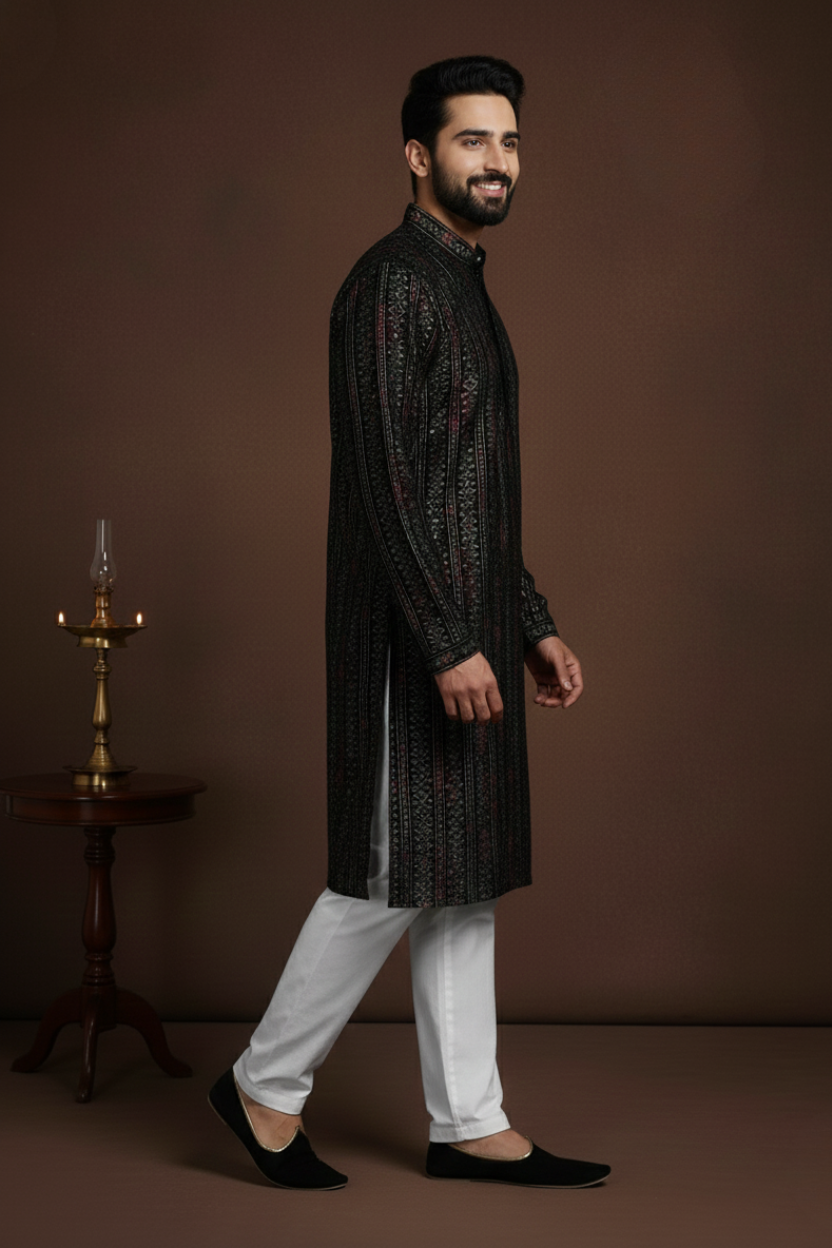 Black Stripes Cotton Block Print Mandarin Collar Embroidery designer Regular Fit Kurta