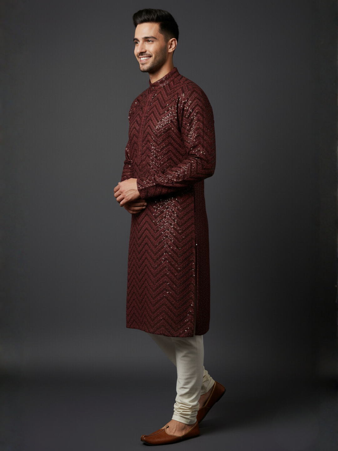 Traditional Sequience Embroidery Mandarin Collar Regular Fit Kurta