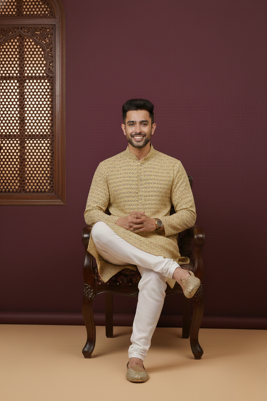 Rich Mustard Cotton Digital Print Mandarin Collar Regular Fit Kurta