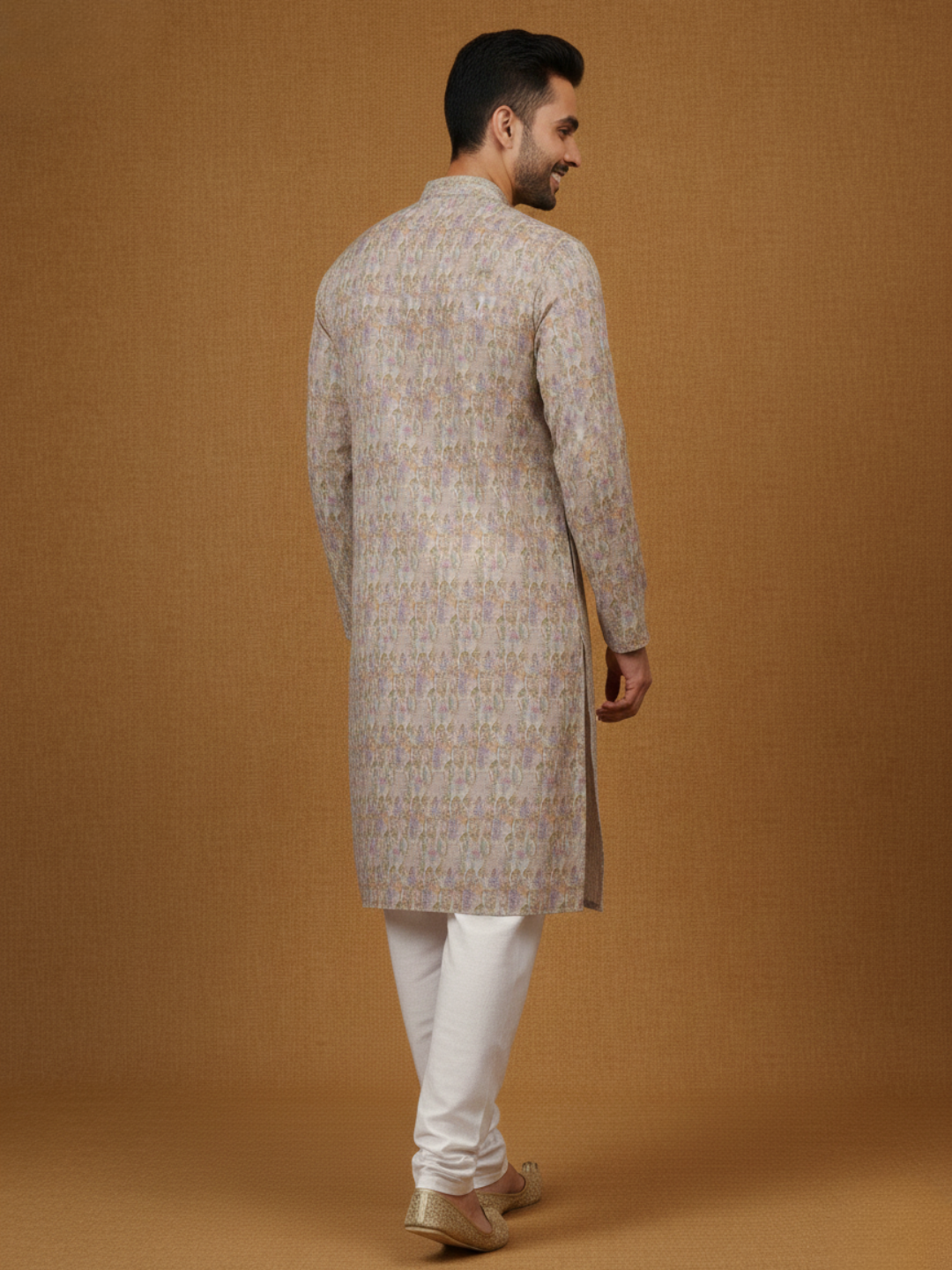 Pure Grey Linen Blend Digital Print Mandarin Collar Regular Fit Kurta