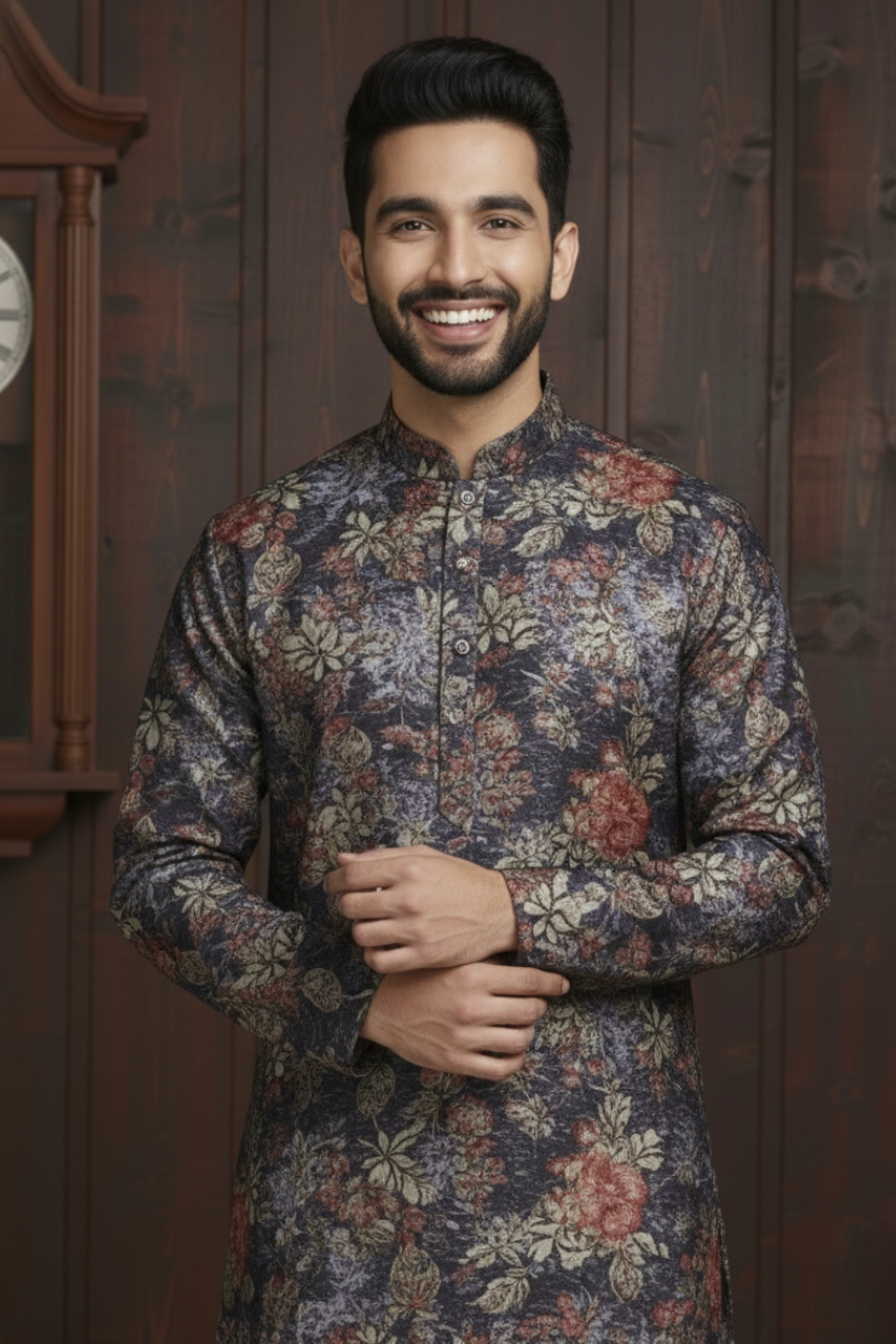 Black Leafy Cotton Digital Print Mandarin Collar Regular Fit Kurta