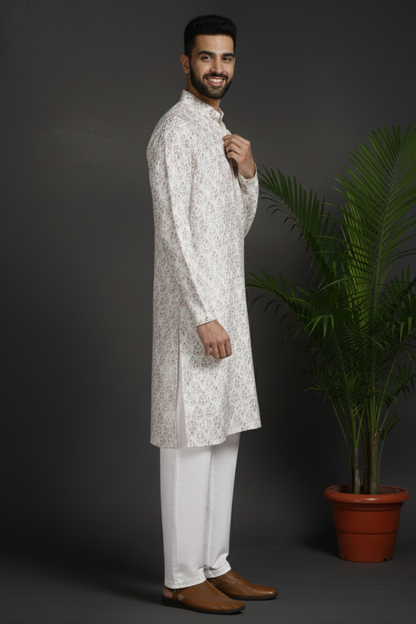 Elegant Embroidery White Cotton Block Print  Mandarin Collar Regular Fit Kurta