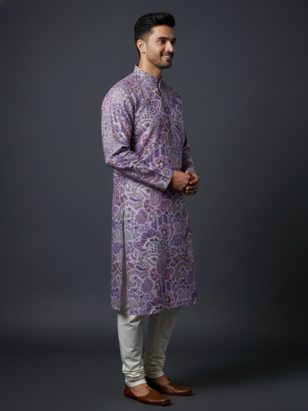 Lavender Paisley Cotton Block Print Embroidery Mandarin Collar Regular Fit Kurta