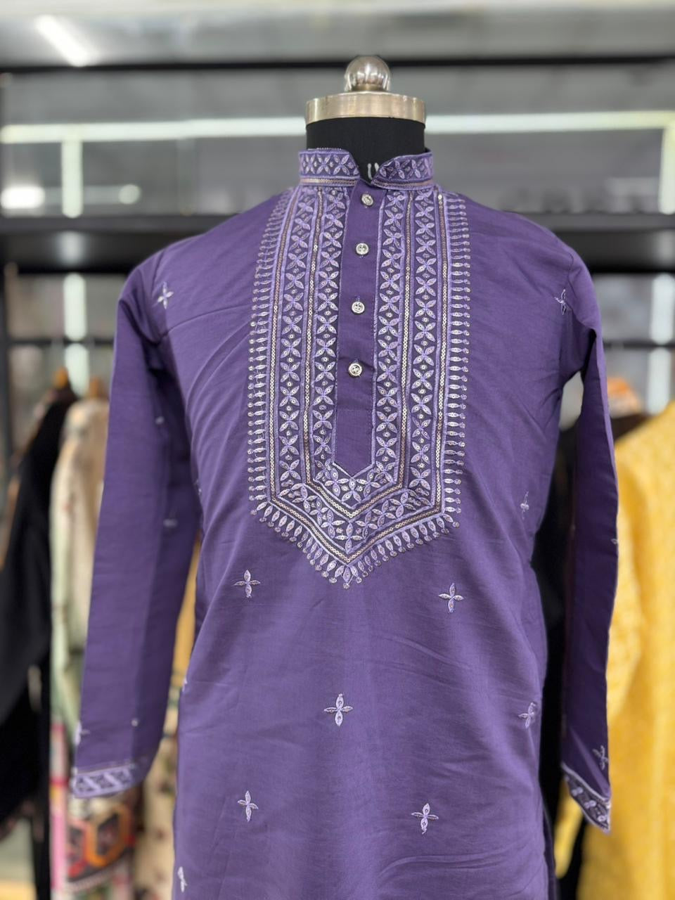 Love Language Lavender Neck work Sequin Embroidery Mandarin Collar Regular Fit Kurta