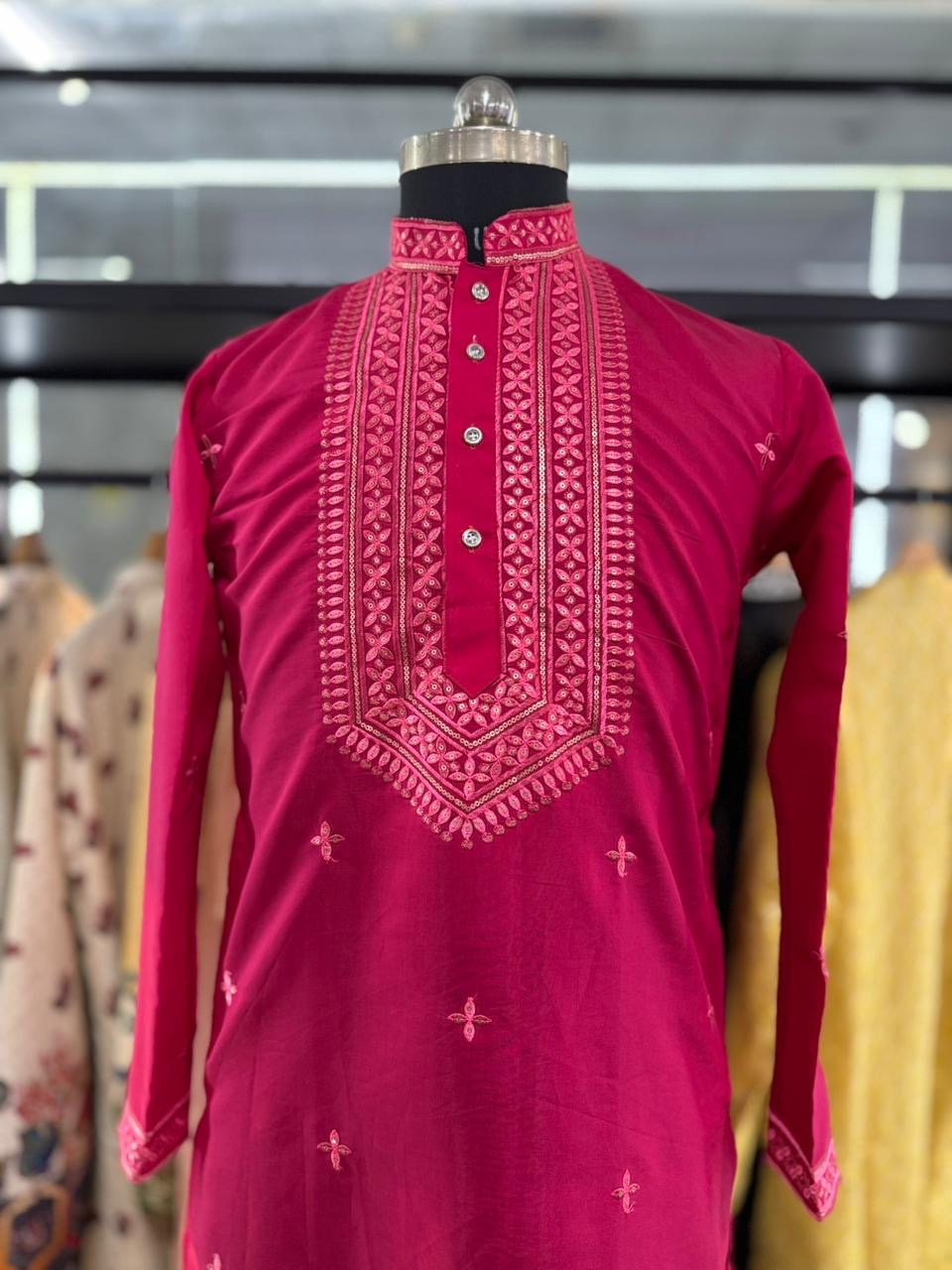 Bloom Beet Neck work Sequin Embroidery Mandarin Collar Regular Fit Kurta