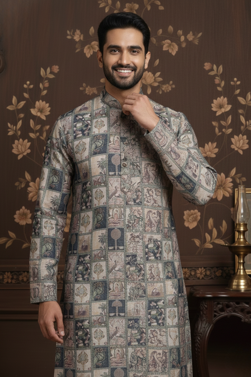 Heritage Offwhite seagreen Box Print Mandarin Collar Regular Fit Kurta