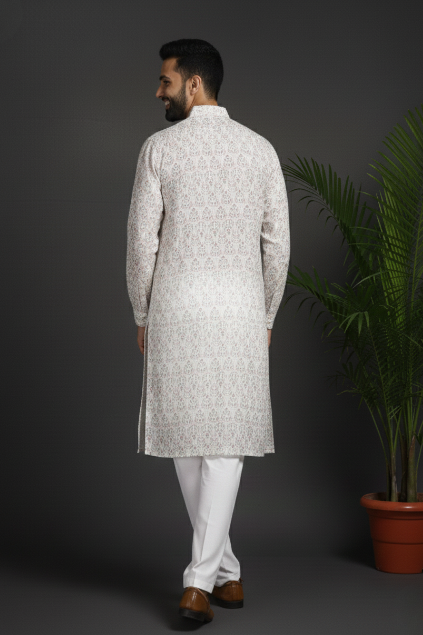 Elegant Embroidery White Cotton Block Print  Mandarin Collar Regular Fit Kurta