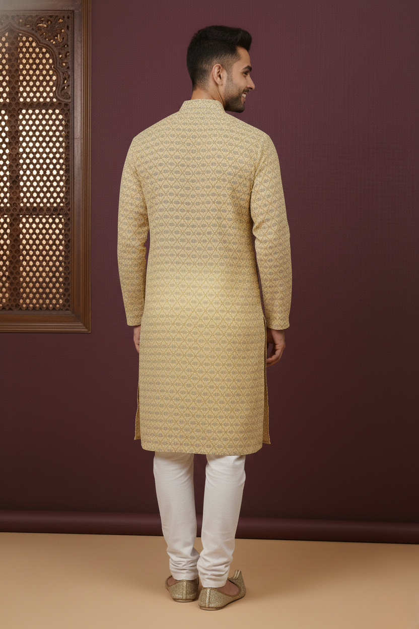Rich Mustard Cotton Digital Print Mandarin Collar Regular Fit Kurta