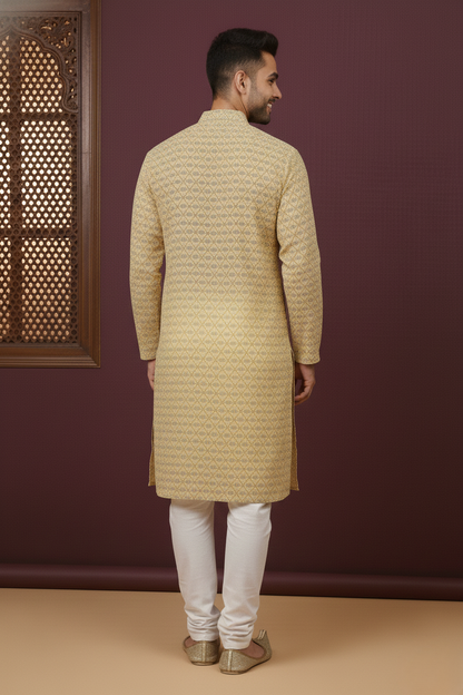 Rich Mustard Cotton Digital Print Mandarin Collar Regular Fit Kurta