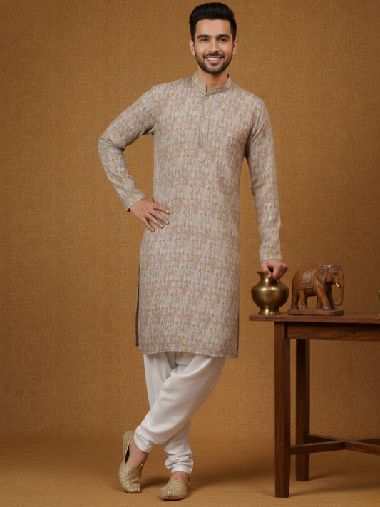 Pure Grey Linen Blend Digital Print Mandarin Collar Regular Fit Kurta