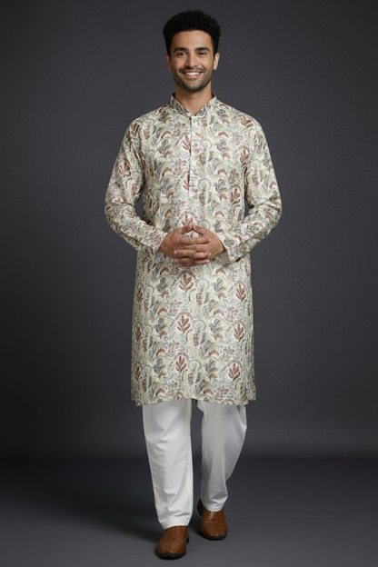 Beige Offwhite Cotton Digital Print Mandarin Collar Regular Fit Kurta