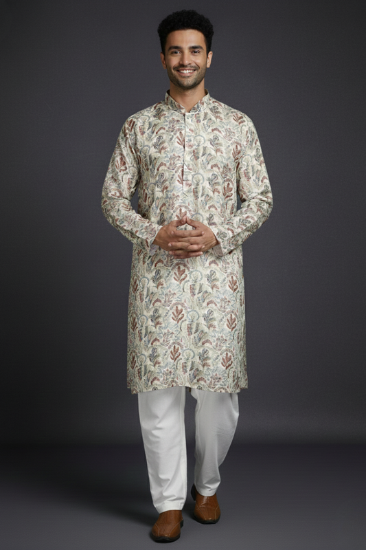 Beige Offwhite Cotton Digital Print Mandarin Collar Regular Fit Kurta
