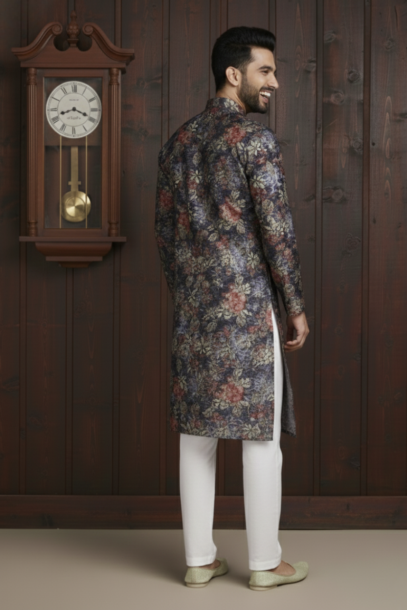 Black Leafy Cotton Digital Print Mandarin Collar Regular Fit Kurta