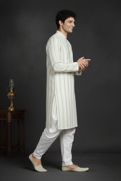 Beige Soft Green Stripes Cotton Block Print Mandarin Collar Regular Fit Kurta