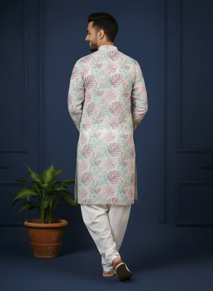 Natural Lavender Floral Print Mandarin Collar Regular Fit Kurta