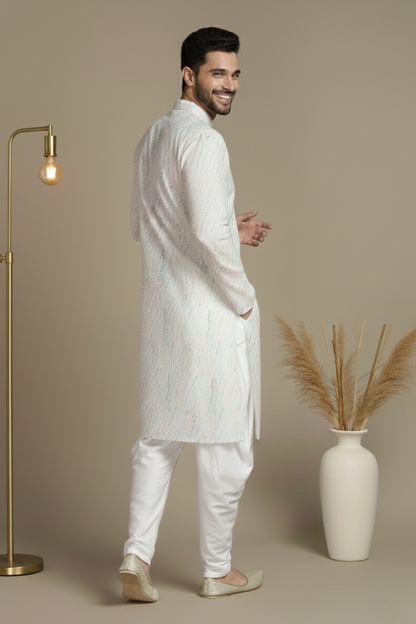 Allover Embroidery White Cotton Block Print Mandarin Collar Regular Fit Kurta
