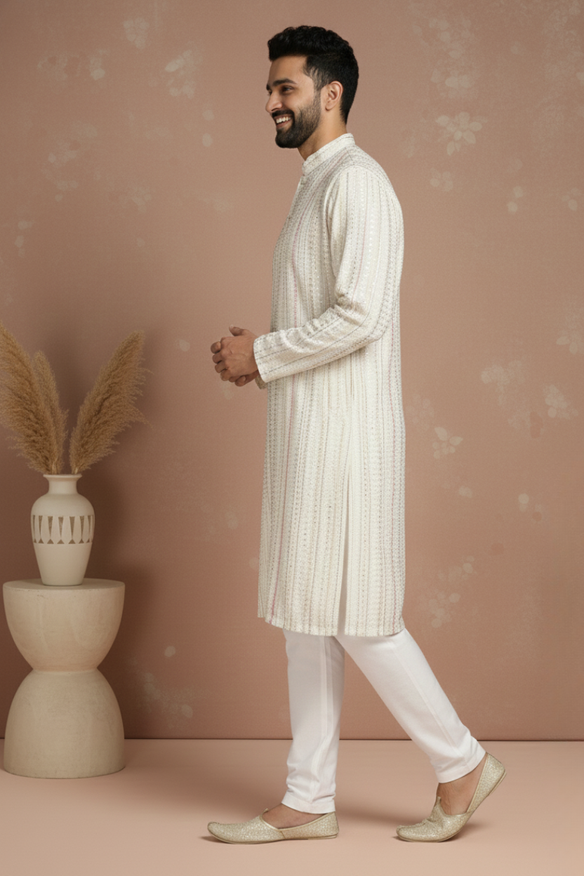 Rich Beige Cotton Block Print Mandarin Collar Regular Fit Embroidery designer Kurta