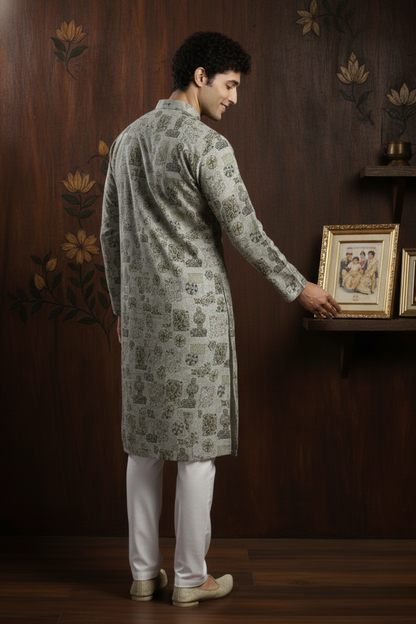 Linen Blend Grey Floral Print Mandarin Collar Regular fit Kurta