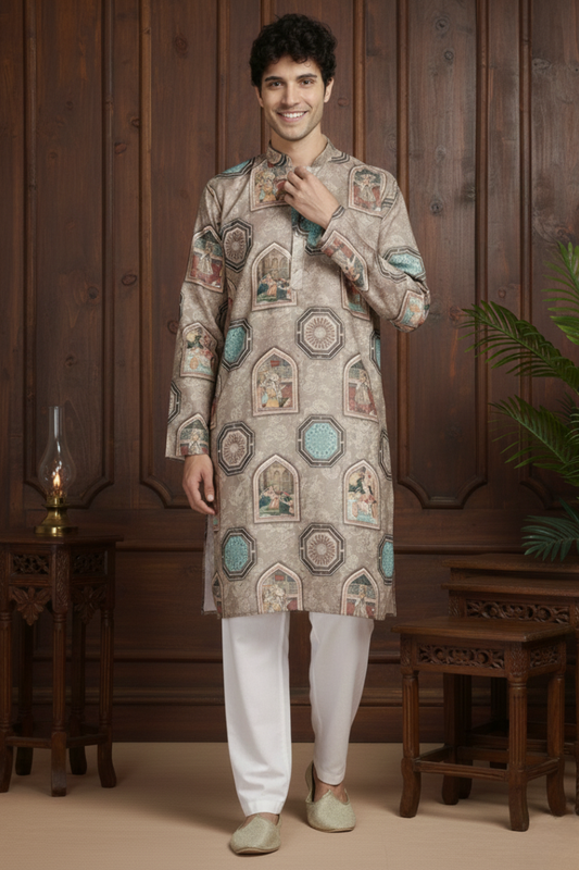 Cultural Brown Cotton Digital Print Mandarin Collar Regular Fit Kurta