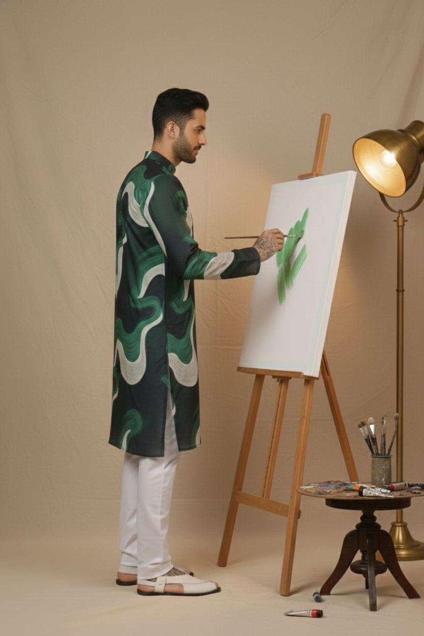 Aqua Green Magic Wavy Print Mandarin Collar Regular Fit Kurta