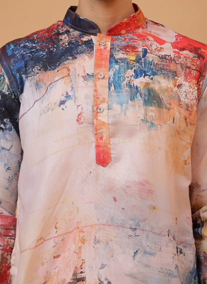 Artistic Red Mandarin Collar Regular Fit Kurta