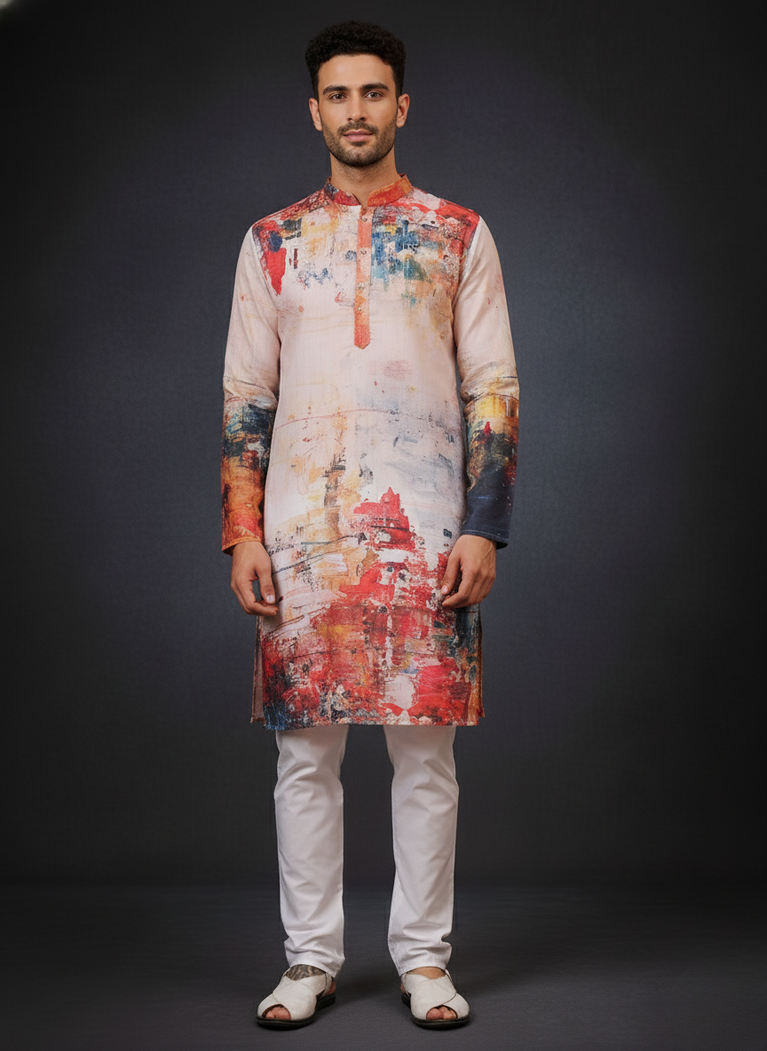 Artistic Red Mandarin Collar Regular Fit Kurta