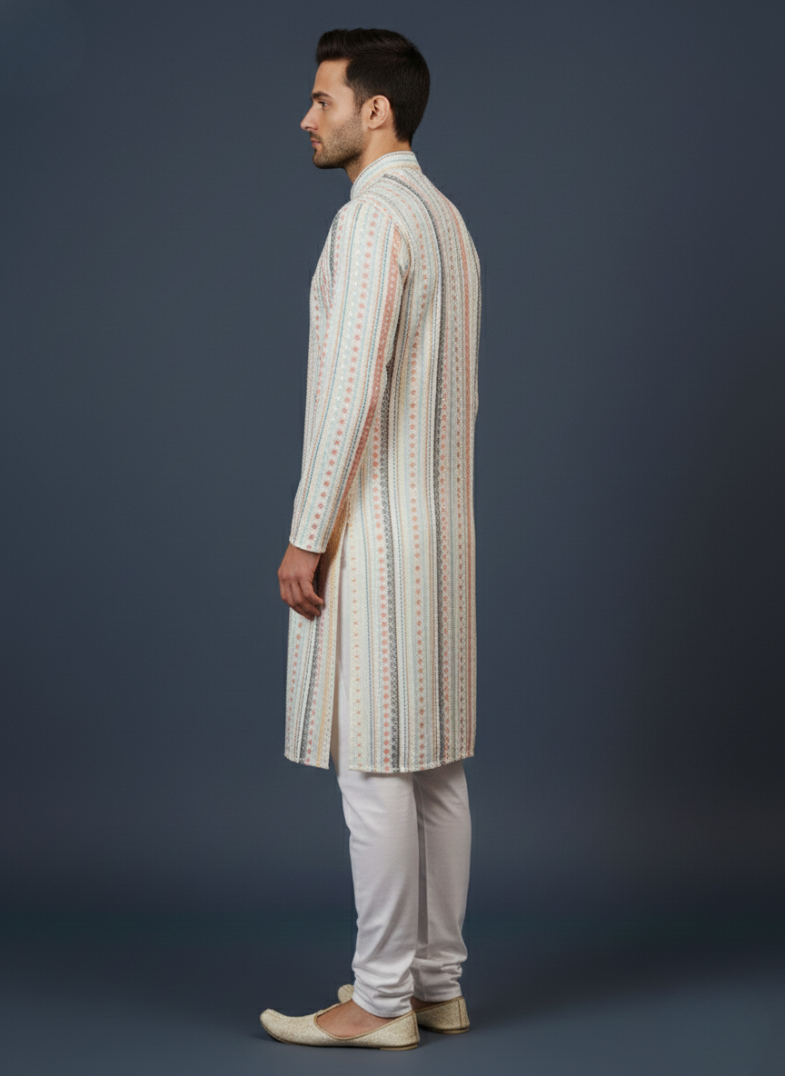 Offwhite Striped Sequin Embroidery Mandarin Collar Regular Fit Kurta