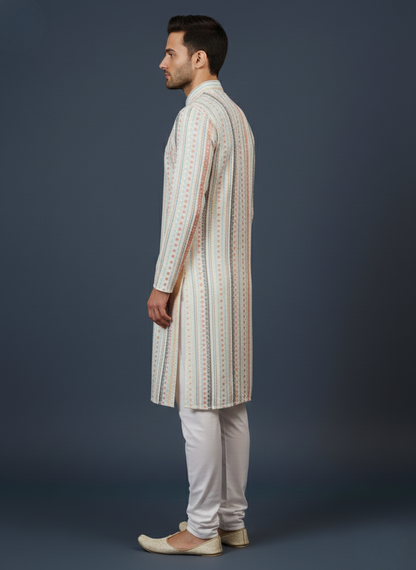 Offwhite Striped Sequin Embroidery Mandarin Collar Regular Fit Kurta