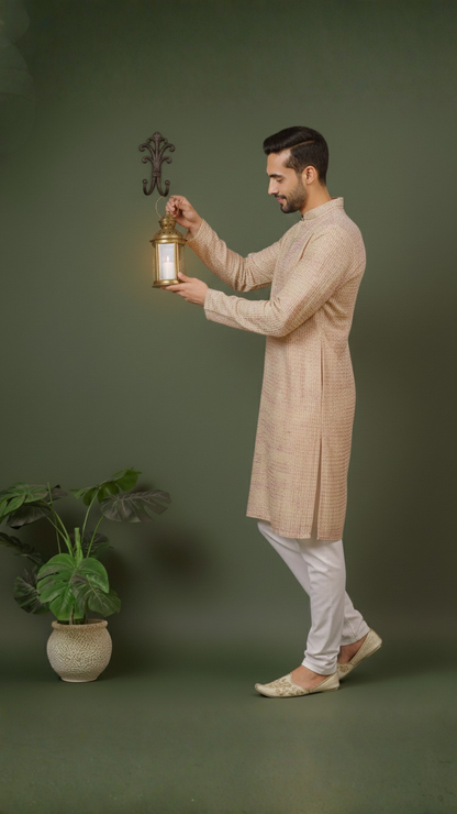 Diamond White Cotton Multi Color Block Print Mandarin Collar Regular Fit Kurta