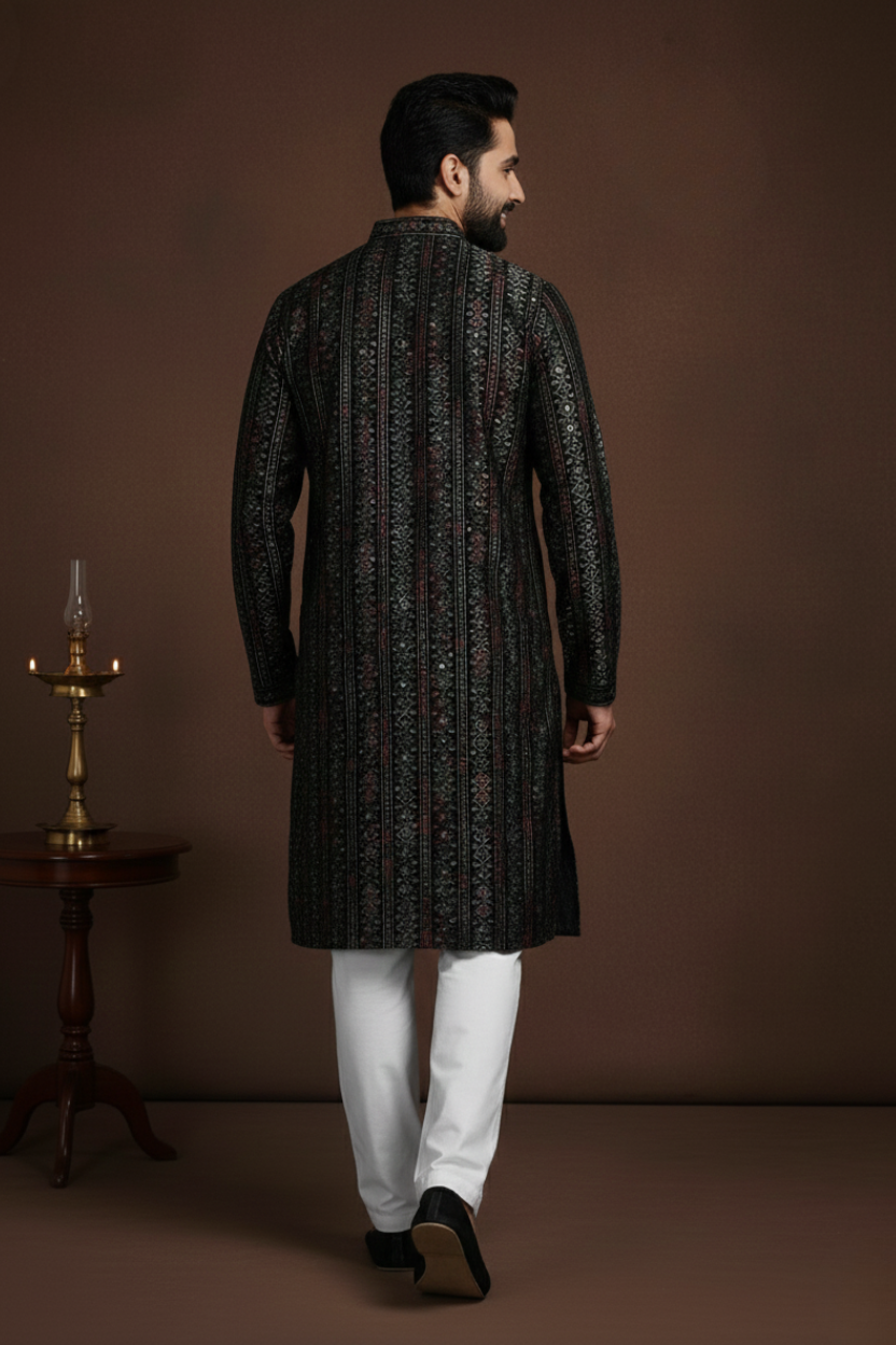 Black Stripes Cotton Block Print Mandarin Collar Embroidery designer Regular Fit Kurta