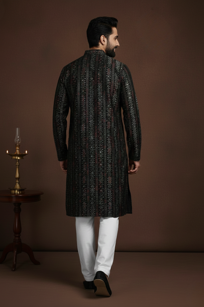 Black Stripes Cotton Block Print Mandarin Collar Embroidery designer Regular Fit Kurta