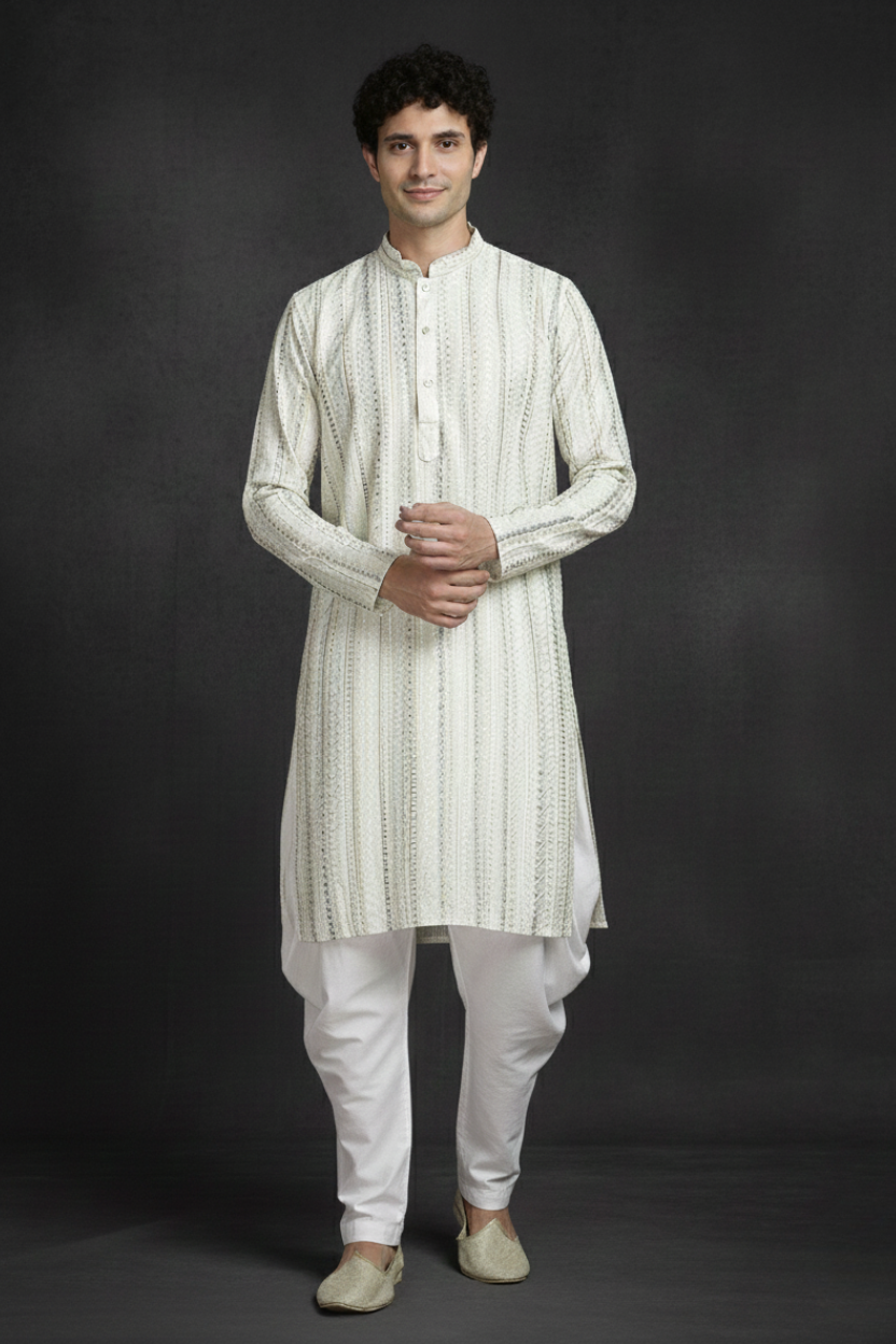 Beige Soft Green Stripes Cotton Block Print Mandarin Collar Regular Fit Kurta