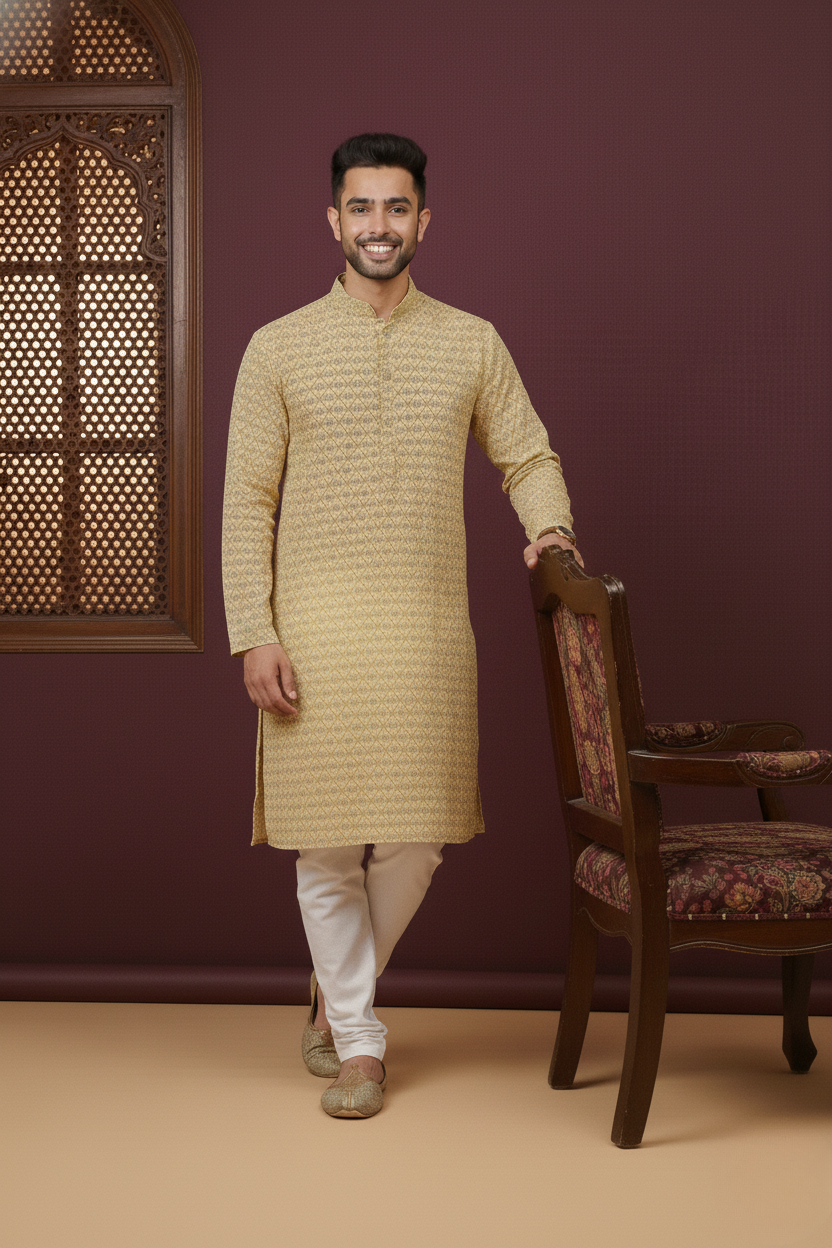 Rich Mustard Cotton Digital Print Mandarin Collar Regular Fit Kurta